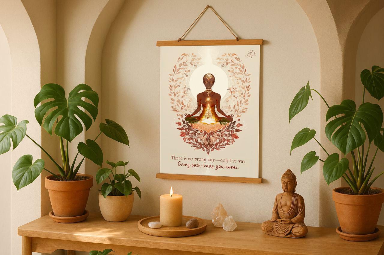 Spiritual Meditation Art Print – Divine Feminine Wall Poster with Temple – Boho Sacred Space Decor with Quote – Light Beyond Illustration