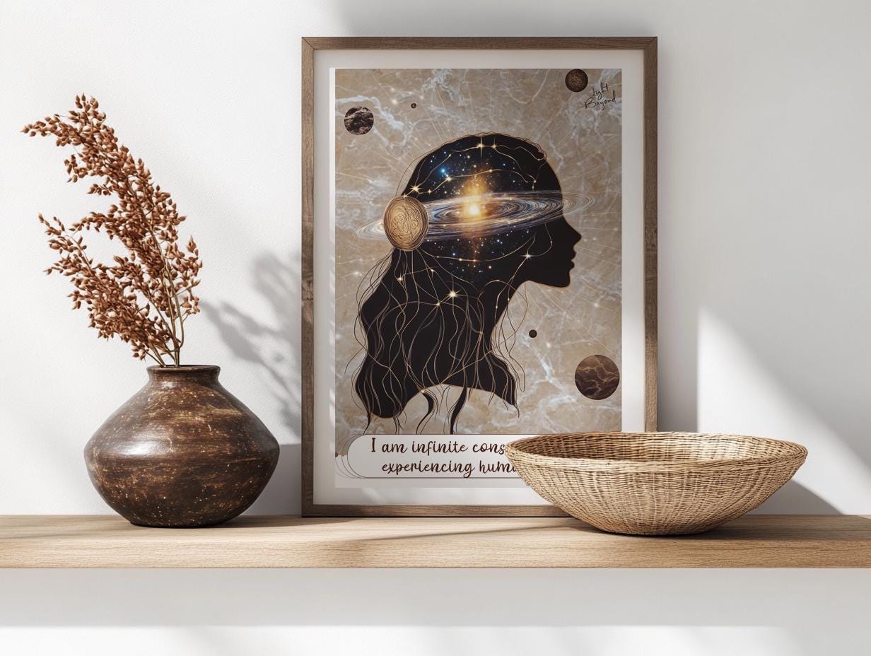 Infinite Consciousness Wall Art Printable | Spiritual Woman Galaxy Head | Boho Digital Download | Meditation Room Decor Poster