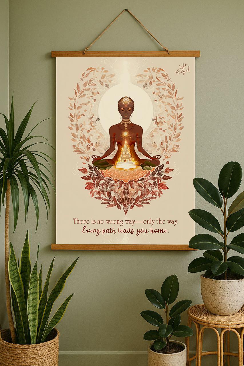 Spiritual Meditation Art Print – Divine Feminine Wall Poster with Temple – Boho Sacred Space Decor with Quote – Light Beyond Illustration