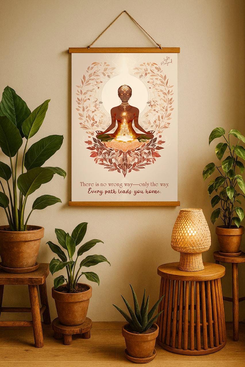 Spiritual Meditation Art Print – Divine Feminine Wall Poster with Temple – Boho Sacred Space Decor with Quote – Light Beyond Illustration