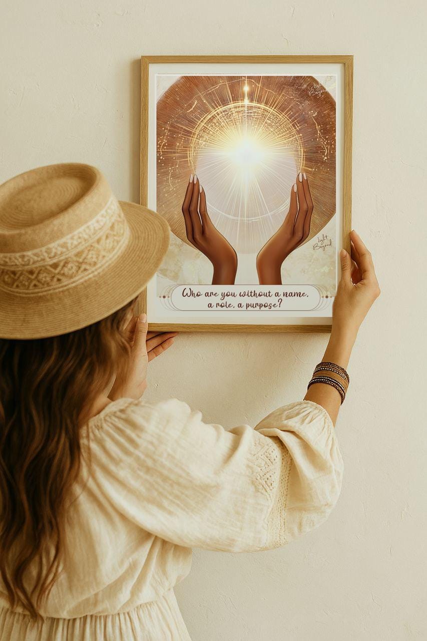 Boho Spiritual Printable Wall Art – “Who are you without a name, a role, a purpose?” – Beige Minimalist Meditation Poster