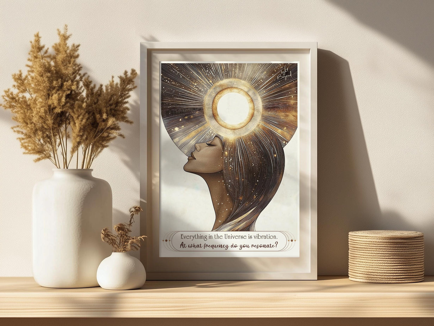 Spiritual Boho Printable Art – "Everything is Vibration" Quote – Warm Beige and White Digital Download – Mindfulness and Soulful Decor