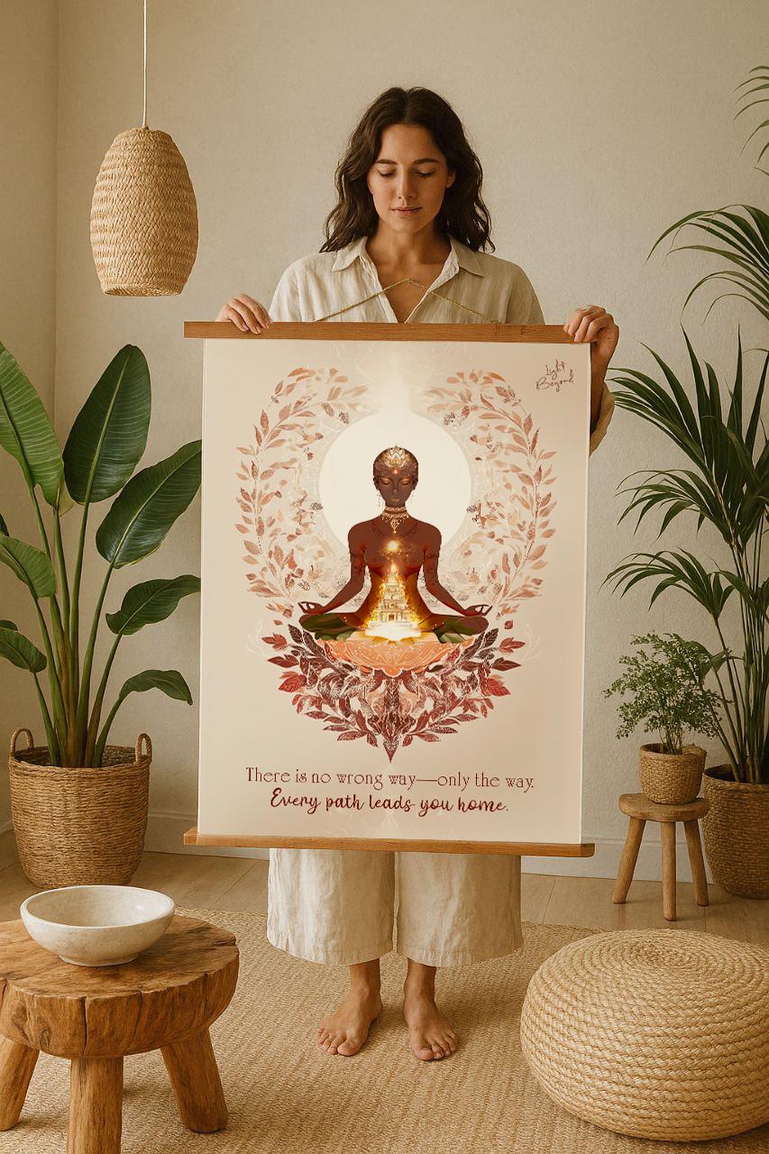Spiritual Meditation Art Print – Divine Feminine Wall Poster with Temple – Boho Sacred Space Decor with Quote – Light Beyond Illustration