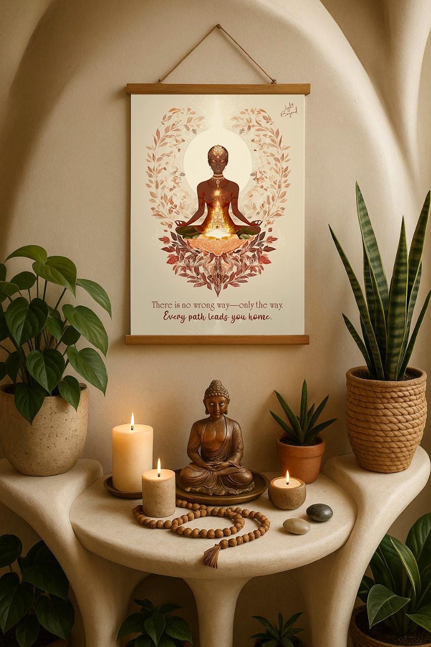 Spiritual Meditation Art Print – Divine Feminine Wall Poster with Temple – Boho Sacred Space Decor with Quote – Light Beyond Illustration