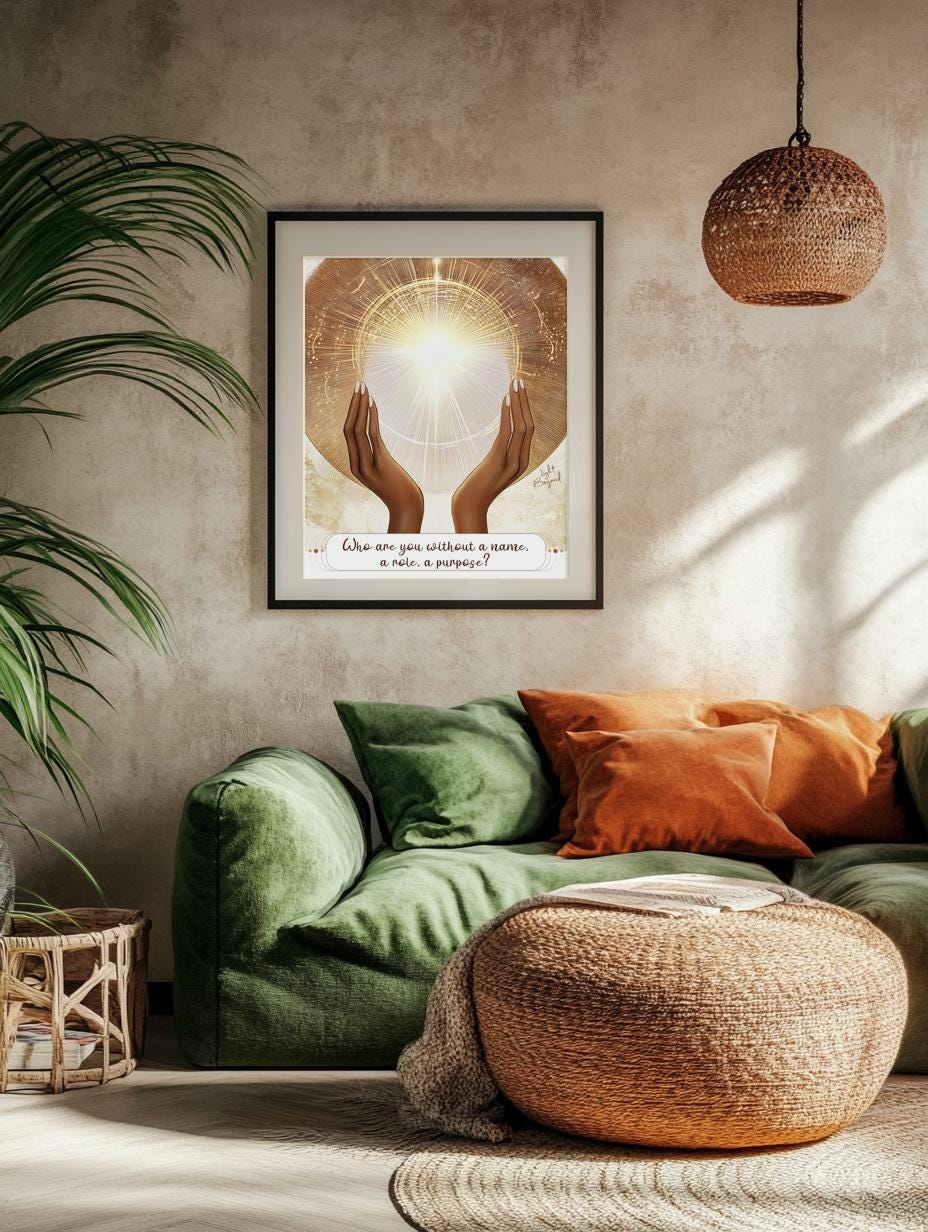 Boho Spiritual Printable Wall Art – “Who are you without a name, a role, a purpose?” – Beige Minimalist Meditation Poster