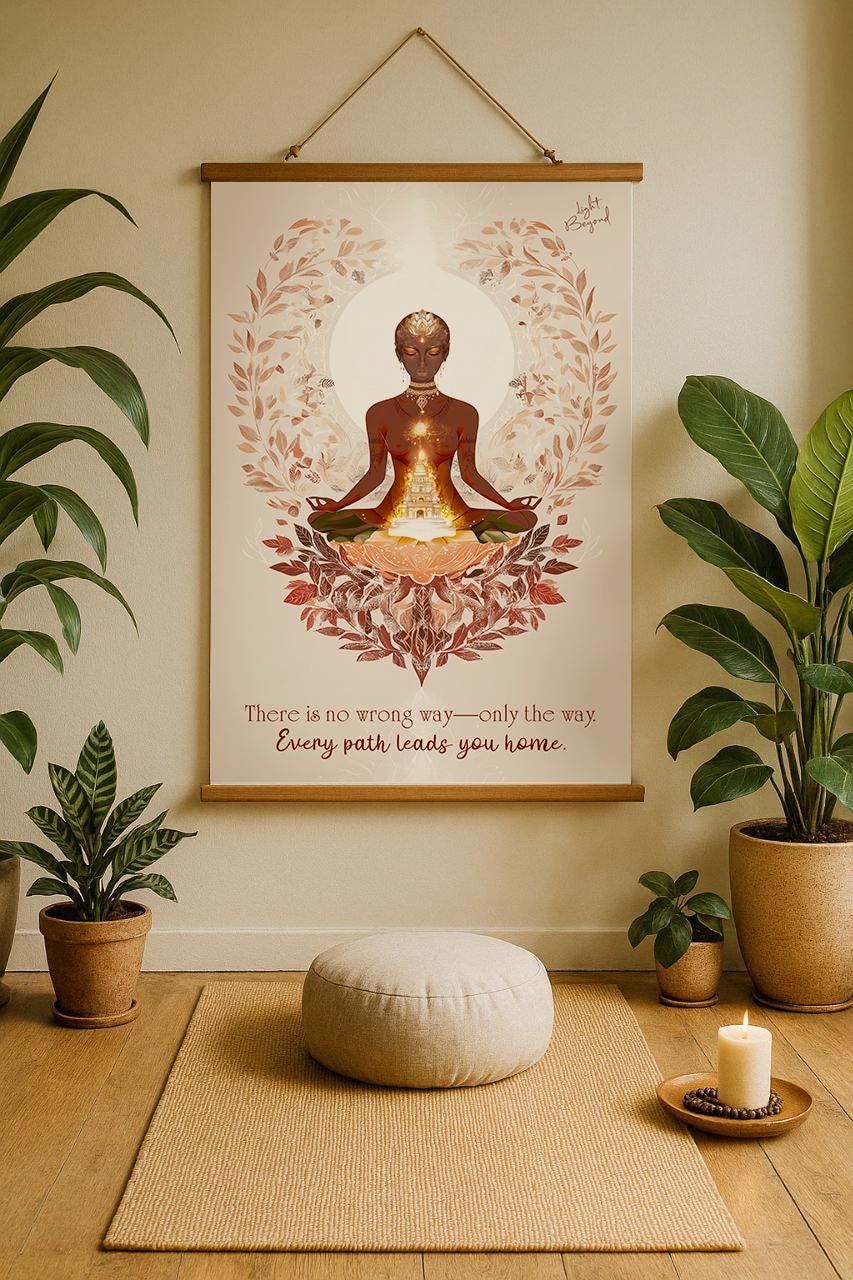 Spiritual Meditation Art Print – Divine Feminine Wall Poster with Temple – Boho Sacred Space Decor with Quote – Light Beyond Illustration