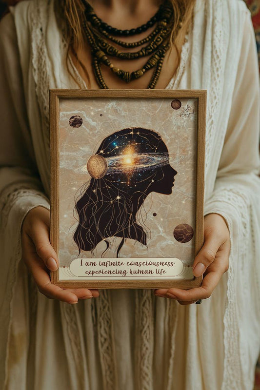 Infinite Consciousness Wall Art Printable | Spiritual Woman Galaxy Head | Boho Digital Download | Meditation Room Decor Poster