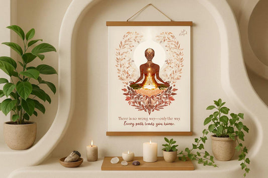 Spiritual Meditation Art Print – Divine Feminine Wall Poster with Temple – Boho Sacred Space Decor with Quote – Light Beyond Illustration